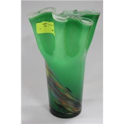 GREEN ART GLASS FLUTED VASE