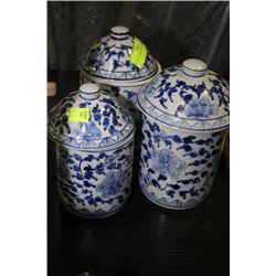 SET OF 3 BLUE & WHITE CANISTERS