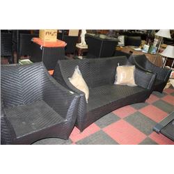 RATTAN STYLE COUCH AND 2 CHAIRS WITH COFFEE TABLE