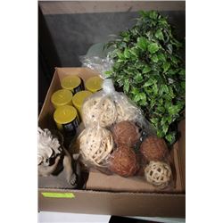 BOX OF MISC DECORATIVE PIECES INCLUDES CANDLES,