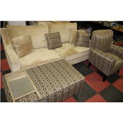 BEIGE COUCH C/W CHAIR AND OTTOMAN