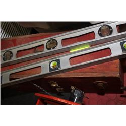 RED WOODEN TOOL BOX AND LEVELS