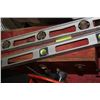 Image 1 : RED WOODEN TOOL BOX AND LEVELS