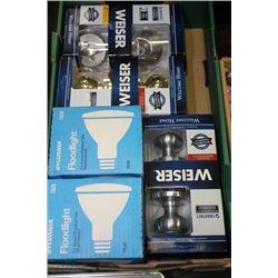 BOX OF NEW DOOR LOCKS AND FLOOD LIGHTS