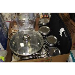 BOX W/ 3 PCE STOCK POT, BLACK & CHROME CANISTERS