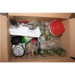 BOX OF ASSORTED KITCHEN SUPPLIES AND DISHWARE