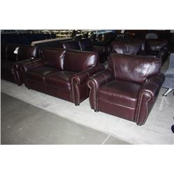 LIFESTYLE SOLUTIONS 3PC BROWN LEATHER SOFA SET; SOFA, LOVESEAT AND CHAIR