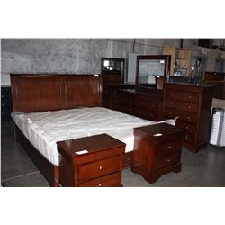 6PC BEDROOM SUITE; KING SIZE BED, 8 DRAWER DRESSER WITH MIRROR, 6 DRAWER HIGHBOY AND 2 3DRAWER