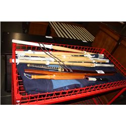 LOT OF SAMURAI TRAINING WEAPONS, ROBES, AND SAMURAI SWORD (RED ROLLING CART NOT INCLUDED)