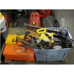 PALLET LOT OF ASSORTED TOOLS; JERRY CANS, MOTORCYCLE SIDE SADDLE, ETC