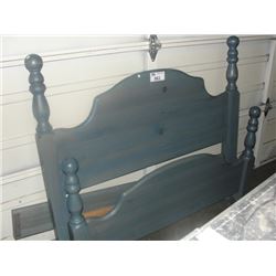 DOUBLE SIZE PICKLED BLUE PINE BED; HEADBOARD, FOOTBOARD AND RAILS