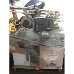 PALLET LOT OF MISC ITEMS; SKATEBOARDS, TOOLS, VACUUM ETC