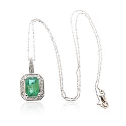 14KT White Gold 3.76 ctw Emerald and Diamond Pendant With Chain