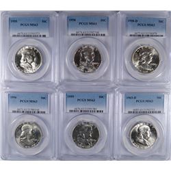 1955, 56, 58-P,D, 59, 63-D FRANKLIN HALF DOLLARS, PCGS MS-63