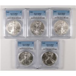 ( 5 ) AMERICAN SILVER EAGLES ALL GRADE PCGS MS-69: 2002, 2003, 2004, 2006 & 2007