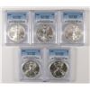 Image 1 : ( 5 ) AMERICAN SILVER EAGLES ALL GRADE PCGS MS-69: 2002, 2003, 2004, 2006 & 2007