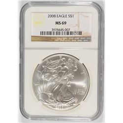 2008 AMERICAN SILVER EAGLE, NGC MS-69