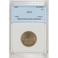 1891 SEATED LIBERTY QUARTER NNC MS-64