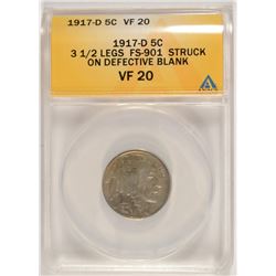 1917-D BUFFALO NICKEL 3 1/2 LEGS FS-901 STRUCK ON DEFECTIVE BLANK ANACS VF-20