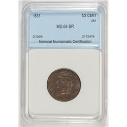 1833 HALF CENT NNC MS-64 BR