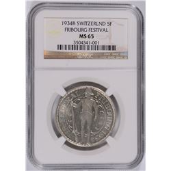 1934-B SWITZERLAND 5F FRIBOURG FESTIVAL NGC MS-65