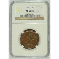 1853 LARGE CENT NGC AU 58 BN