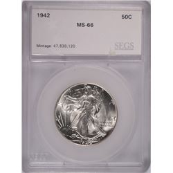 1942 WALKING LIBERTY HALF DOLLAR SEGS MS-66