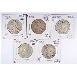 (5) 1916-D WALKING LIBERTY HALF DOLLARS