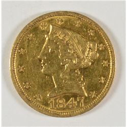 1847 $5.00 GOLD LIBERTY HEAD, AU-55