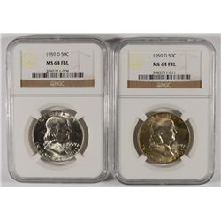LOT OF ( 2 ) 1959-D FRANKLIN HALF DOLLARS, NGC MS-64 FBL