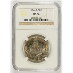 1964-D KENNEDY HALF DOLLAR, NGC MS-66 TONING ON OBVERSE