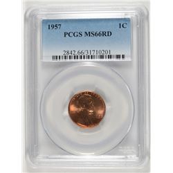 1957 LINCOLN CENT, PCGS MS-66 RED RARE