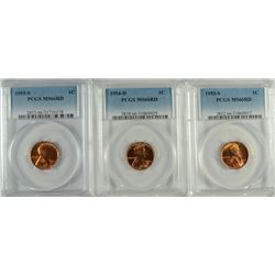 1953-S, 1954-D & 1955-S LINCOLN CENT, PCGS MS-66 RED