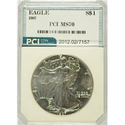1987 AMERICAN SILVER EAGLE, PCI MS-70 PERFECT RARE! BOOKS FOR $2500.00