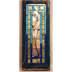 Mission era stained glass window with colorful bird in tree, single sash 19.75  X 43.5  - has a weat