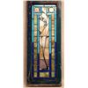 Image 1 : Mission era stained glass window with colorful bird in tree, single sash 19.75" X 43.5" - has a weat
