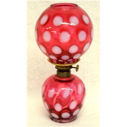 Cranberry Opalescent Mini Lamp signed ABCO Nutmeg on burner, missing glass chimney, 8.25"H.