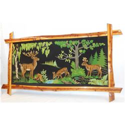 Large framed hand sewn raised tapestry - scene depicts landscape with deer and a stream on a black v