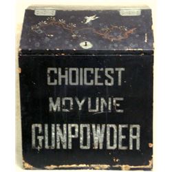 An original lacquered tea bin inscribed "CHOICEST MOYUNE GUNPOWDER" with inlaid mother of pearl and 