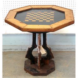 Folk art game table with a hand painted octogan shaped top on a Victorian base. Late 19th to early 2