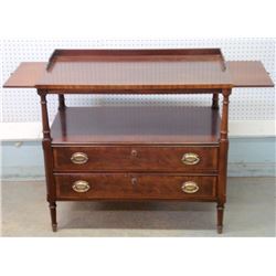 Sheraton style mahogany server with small backsplash. Lower shelf over 2 drawers - 2 serving trays p