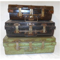 Three metal traveling trunks ranging in size from 19.5"L to 24"L,  one with a Hills Menke & Co. Birm