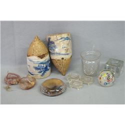 Grouping of decorative articles including a pair of hand thrown multi-glazed stoneware wall pockets 