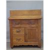 Image 1 : Oak washstand with backsplash, large single drawer over single door and two small drawers.