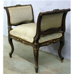 Petit upholstered Victorian French window bench with extensive floral carved walnut frame, cabriole 
