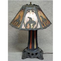 Slag glass table lamp, probably mid- 20th c., the hexagonal shade with caramel slag glass panels eac