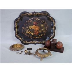 Grouping of decorative items including wooden art deco bookends with a stamped 60 on each, a four fo