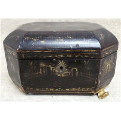 Oriental tea caddy hand decorated with oriental scenery and 2 pewter inserts - octagonal shaped top 