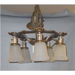 Brushed silver art deco five light chandelier with frosted shades.