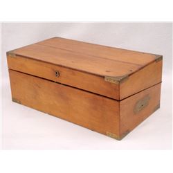 Writing box with brass corner bindings and inset handles - secret compartment with 2 interior dawers